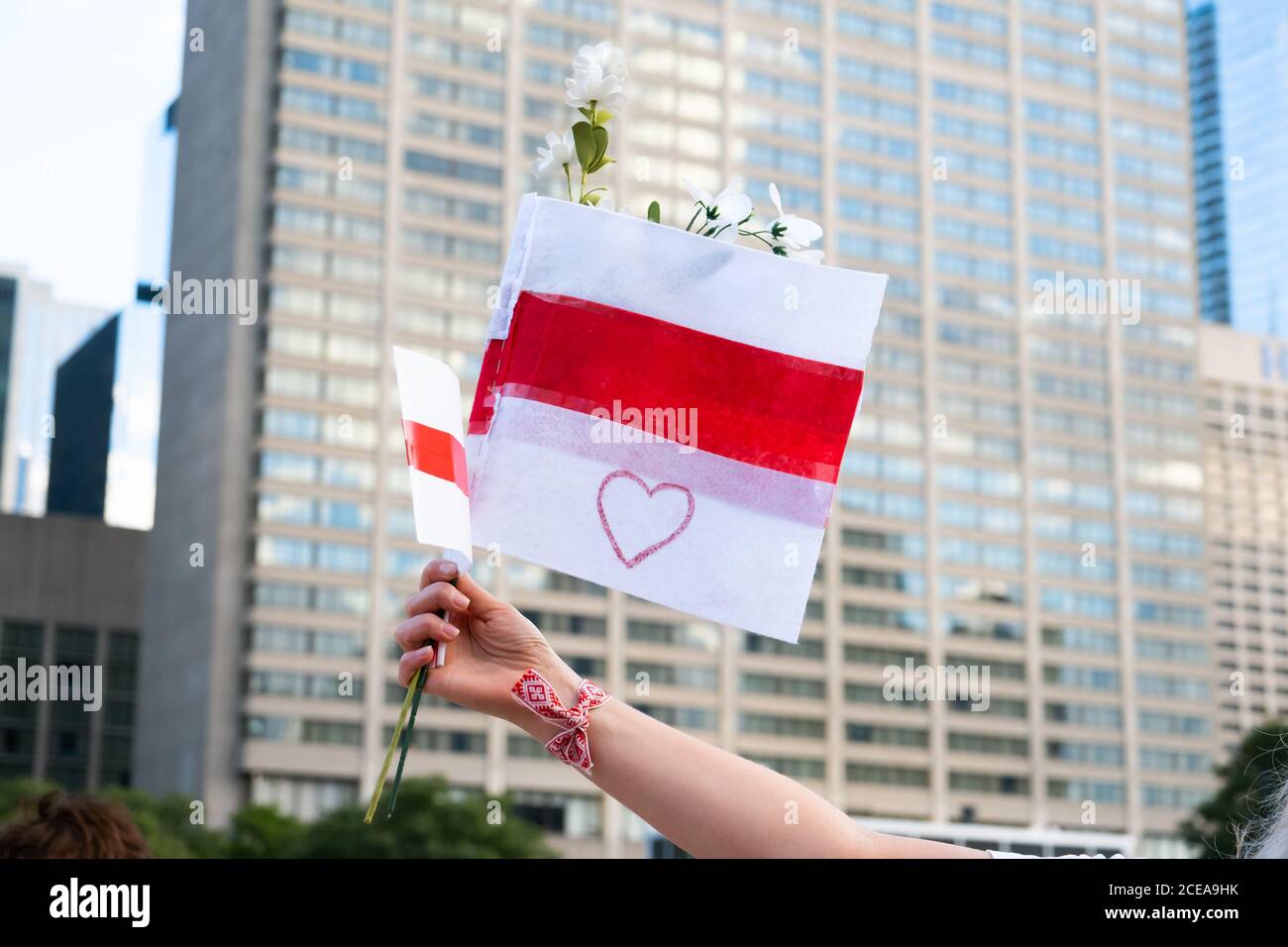 Eine Frau hält Blumen und die rot-weiße Variante der weißrussischen Flagge bei einem Protest gegen Alexander Lukaschenkos Wahlmanipulierung in Toronto AUF. Stockfoto