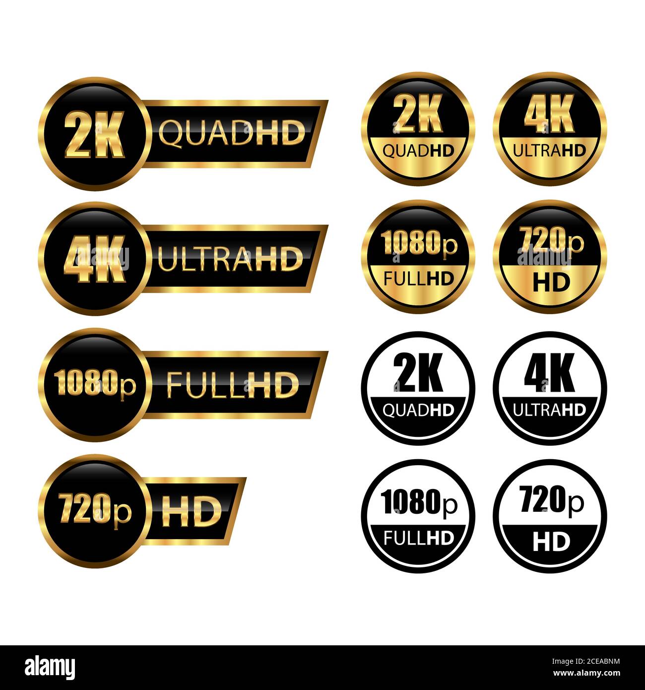 4k ultrahd, 2K quadhd, 1080 fullhd, 720 hd-Abmessungen des Videos, Logo für Videoauflösung. Anzeigebezeichnung des TV-/Spielbildschirms. High Definition-Tags Stock Vektor