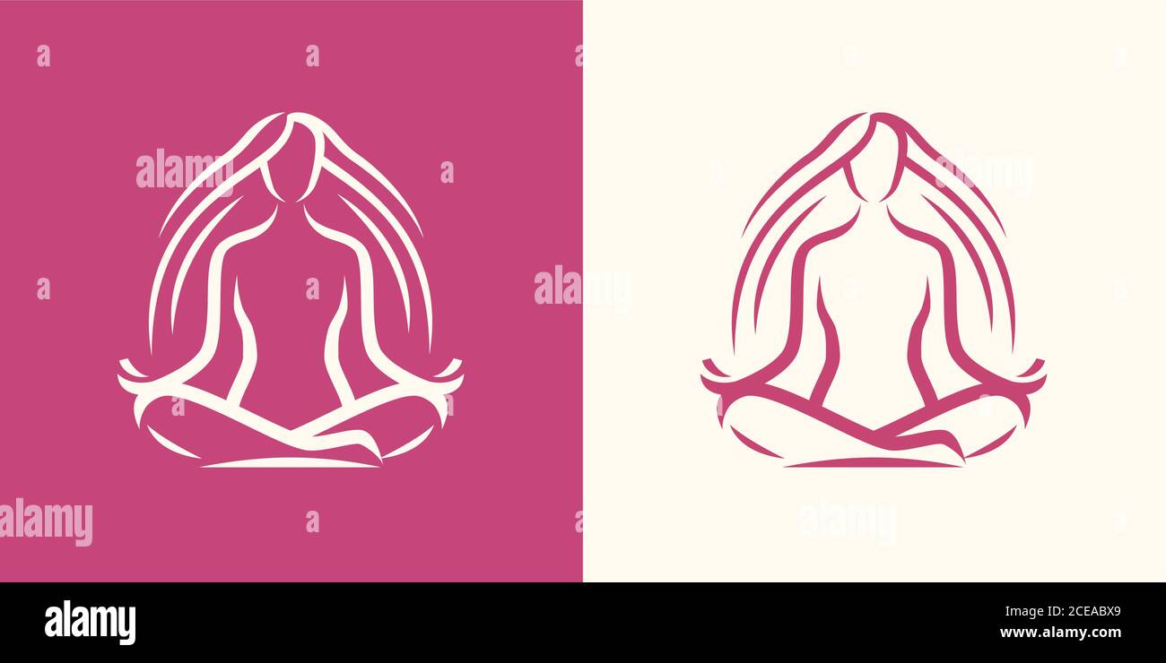 Yoga-Logo. Mädchen sitzt in Lotusposition, Spa Symbol Stock Vektor