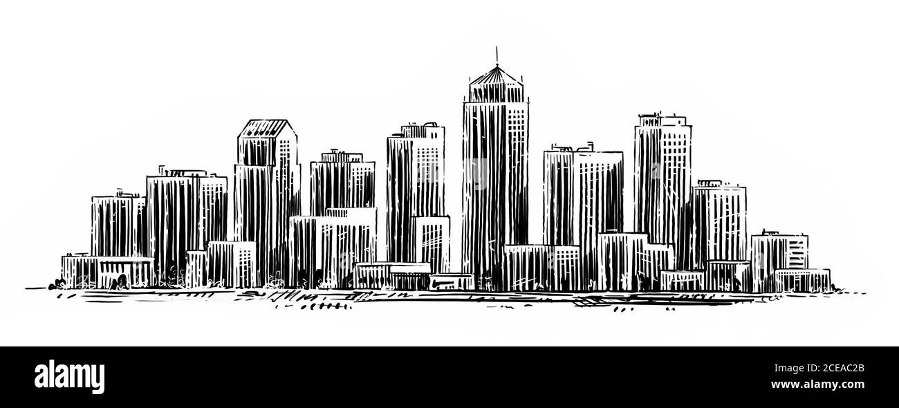 Moderne Stadtskizze. Handgezeichnete Stadtlandschaft mit Wolkenkratzern Stockfoto
