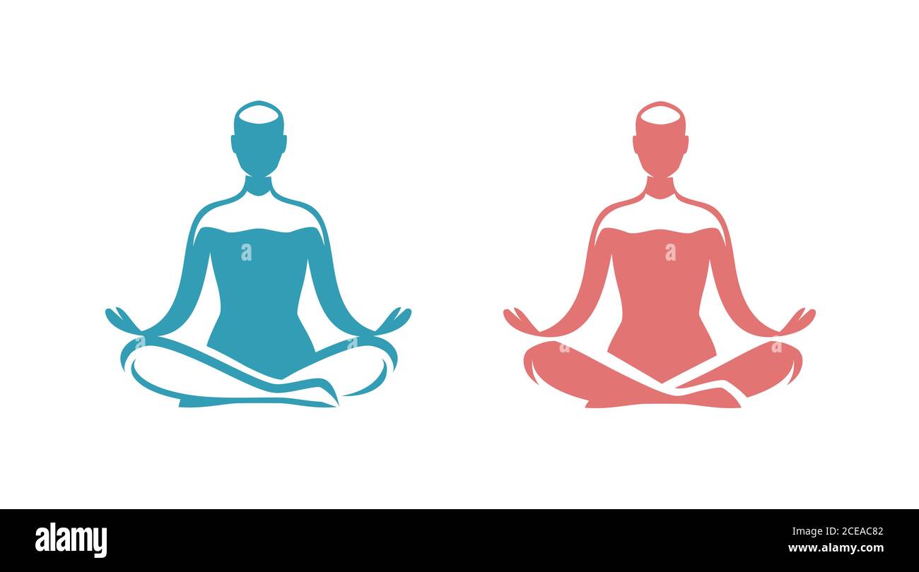 Yoga-Logo. Mann, der im Lotussymbol sitzt Stock Vektor