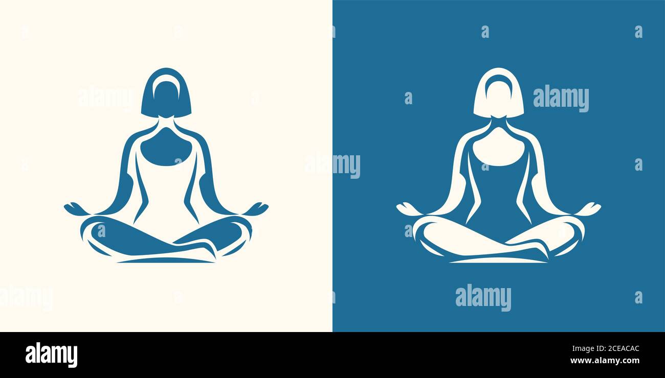 Yoga-Logo. Mädchen in Lotusposition sitzend, Meditationssymbol Stock Vektor