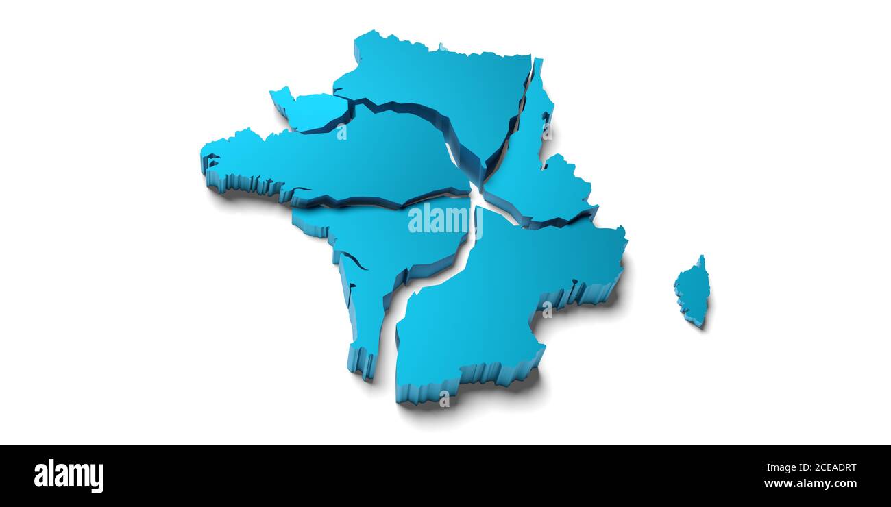 Gebrochene Karte von Frankreich auf weißem Hintergrund 3D-Rendering Stockfoto