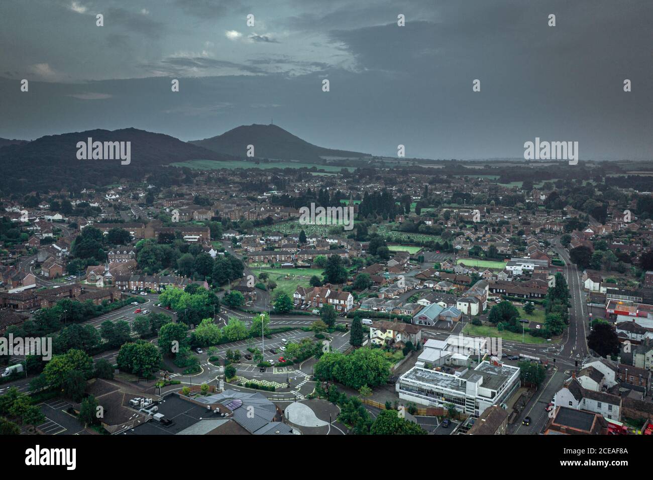 Luftaufnahme über das Wohngebiet von Welligton am Abend in Vereinigtes Königreich Stockfoto