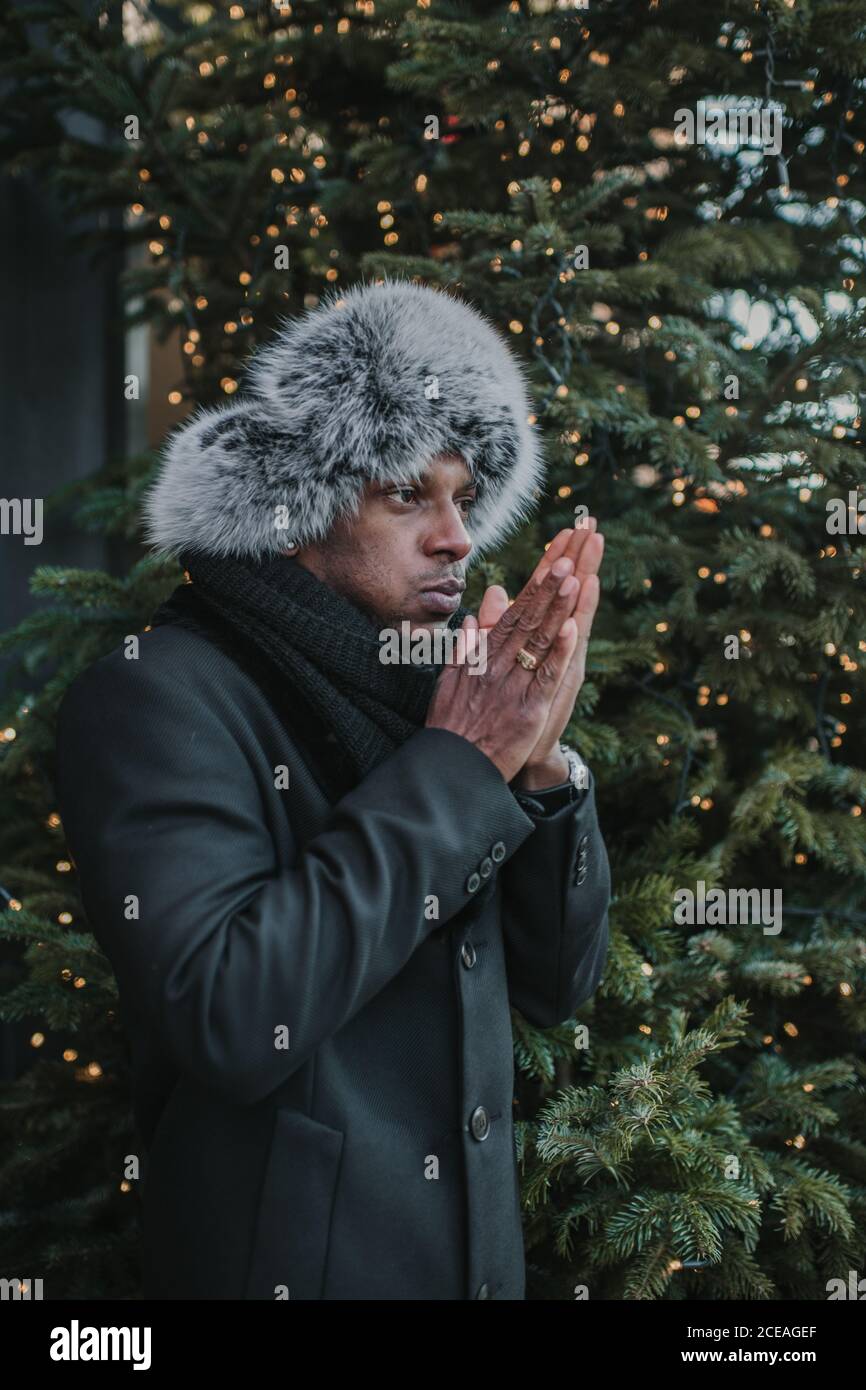 Schöner afroamerikanischer Kerl in warmen Kleidern, die Hände reiben, während Steht in der Nähe von Weihnachtsbaum mit Lichterketten auf der Stadtstraße Stockfoto