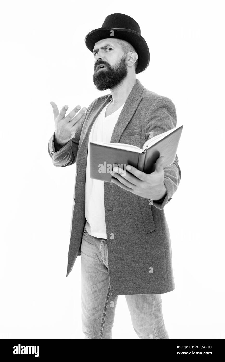 Geboren, um zu lehren. Lehrer isoliert auf weiß. Schullehrer lesen Buch. Lehrer für Literatur. Schule und Bildung. Dozent oder Tutor. Tag der Lehrer. Privatunterricht. Inspirierende Lehrer sein. Stockfoto