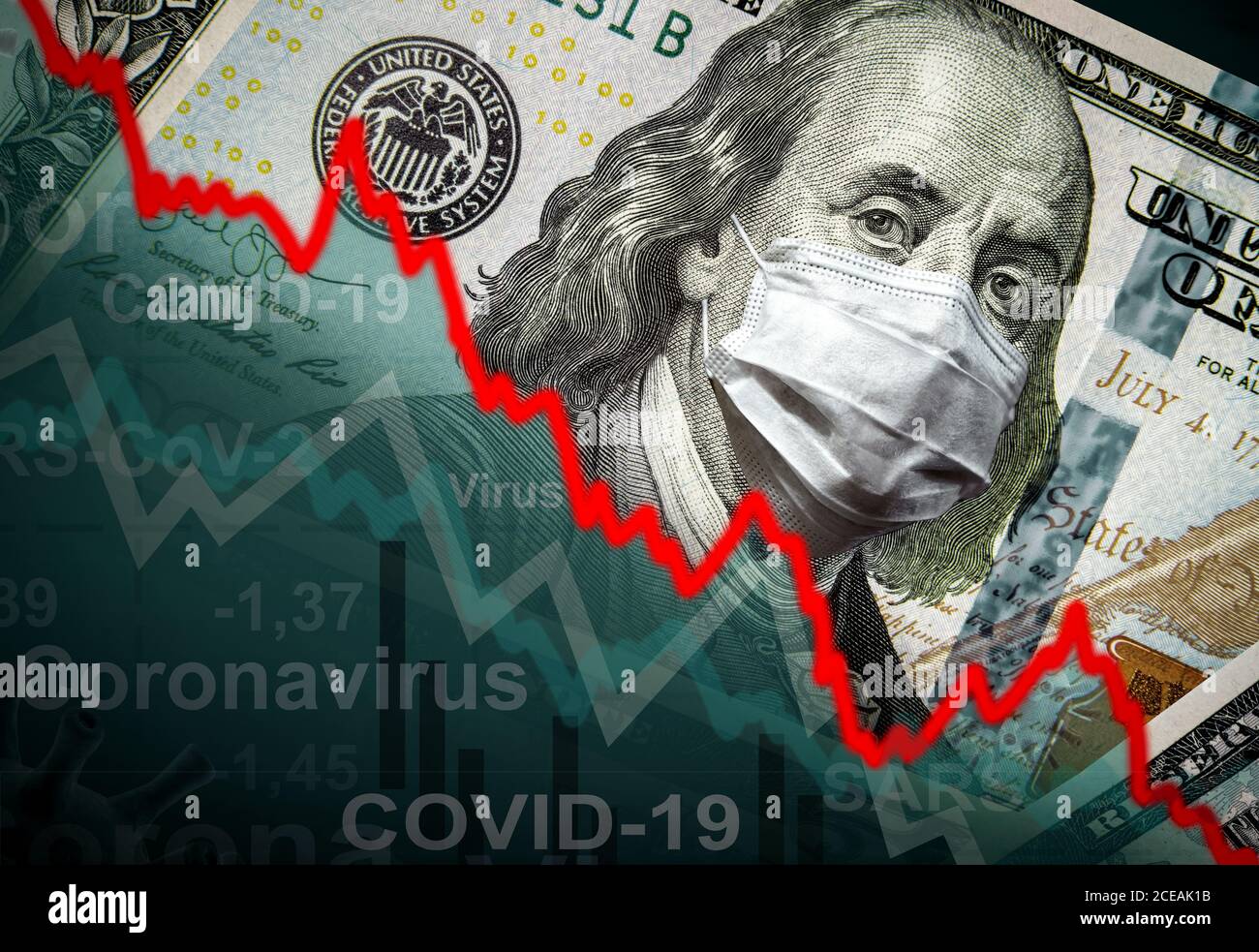 COVID-19 Auswirkungen auf das Geschäft: Dollar-Geld, Maske und Grafik der Börsenrezession während der Coronavirus-Pandemie. Wirtschaft trifft durch Corona-Virus. Global Stockfoto