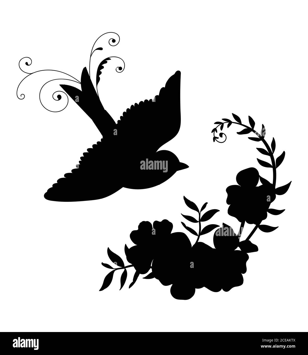 Vektor-Vorlage fliegenden Vogel und dekorative Blumen. Schwarze Silhouette Illustration isoliert auf weiß. Für Hochzeitseinladung, Design, Druck, T-Shirt, h Stock Vektor