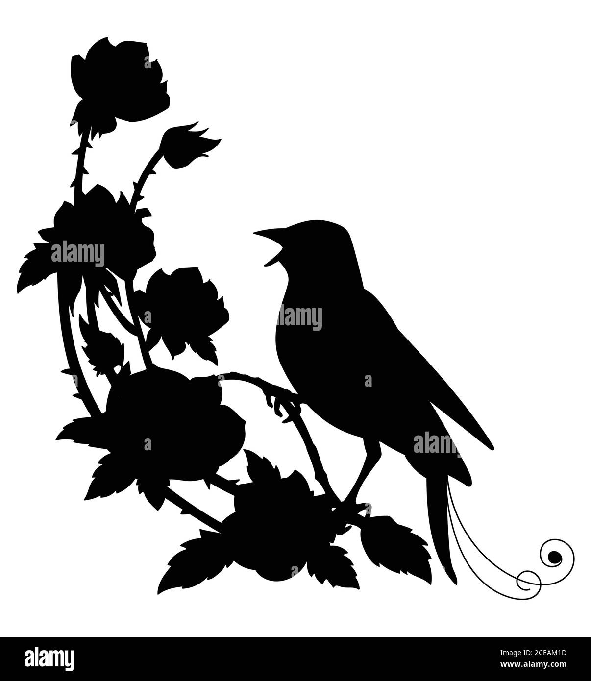 Vektor-Vorlage Nachtigall Vogel und Blumen. Schwarze Silhouette Illustration isoliert auf weiß. Für Hochzeitseinladung, Design, Druck, T-Shirt, Home de Stock Vektor