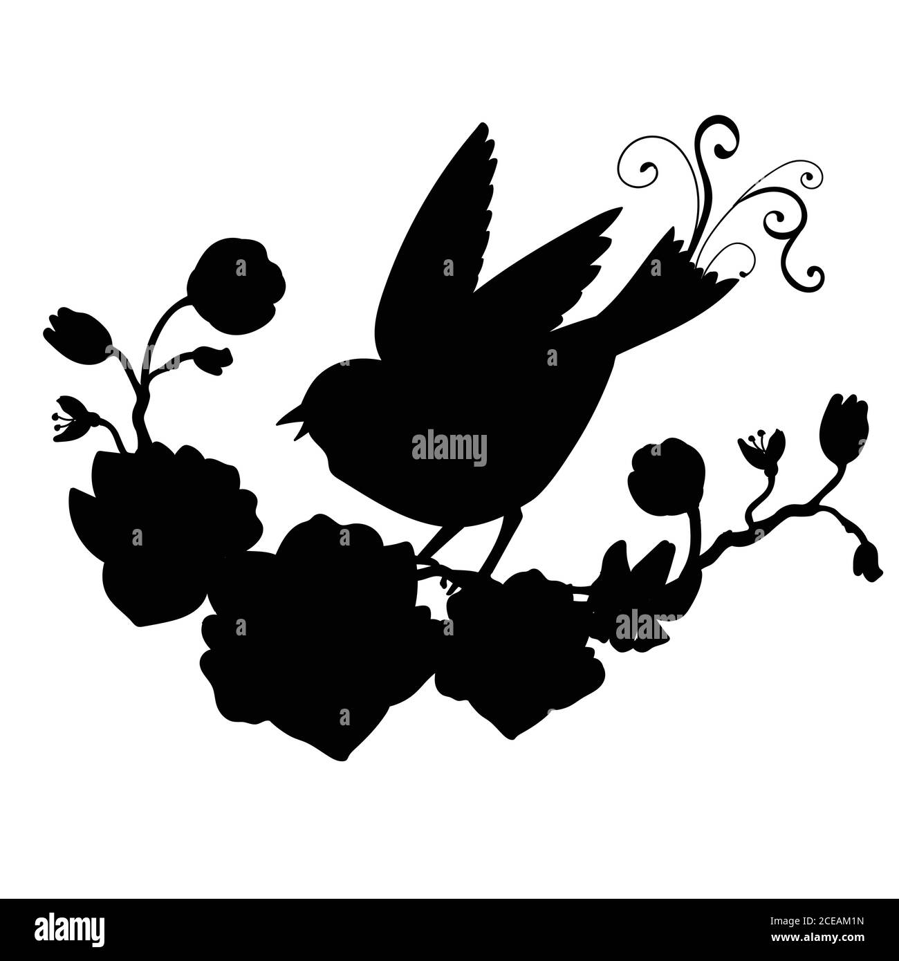 Vektor-Vorlage songbird und Blumen. Schwarze Silhouette Illustration isoliert auf weiß. Für Hochzeitseinladung, Design, Druck, T-Shirt, Heimdekor, sti Stock Vektor
