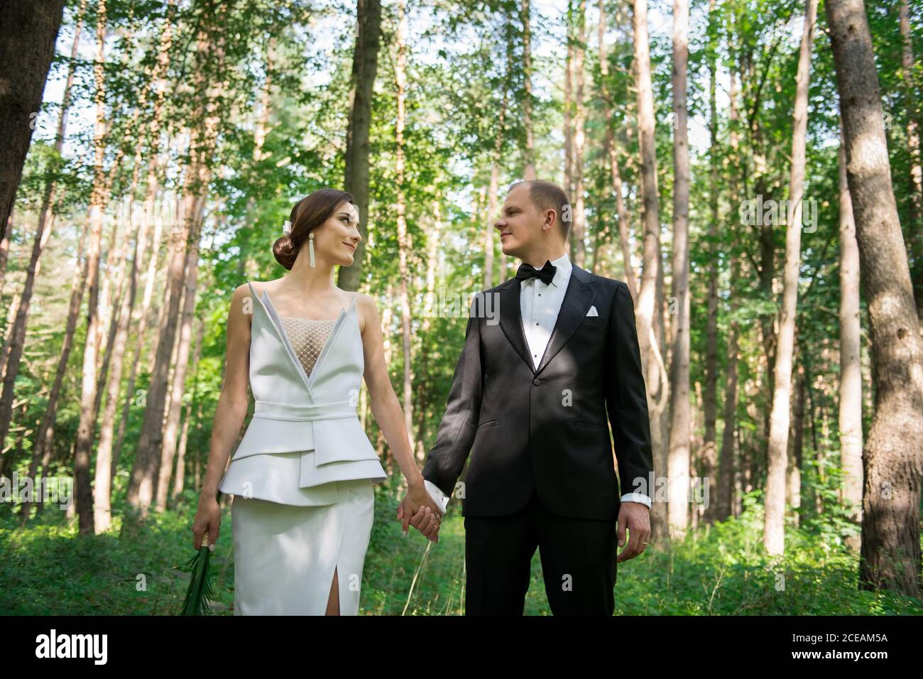 Verheiratetes Paar, das Hände in der Natur hält Stockfoto