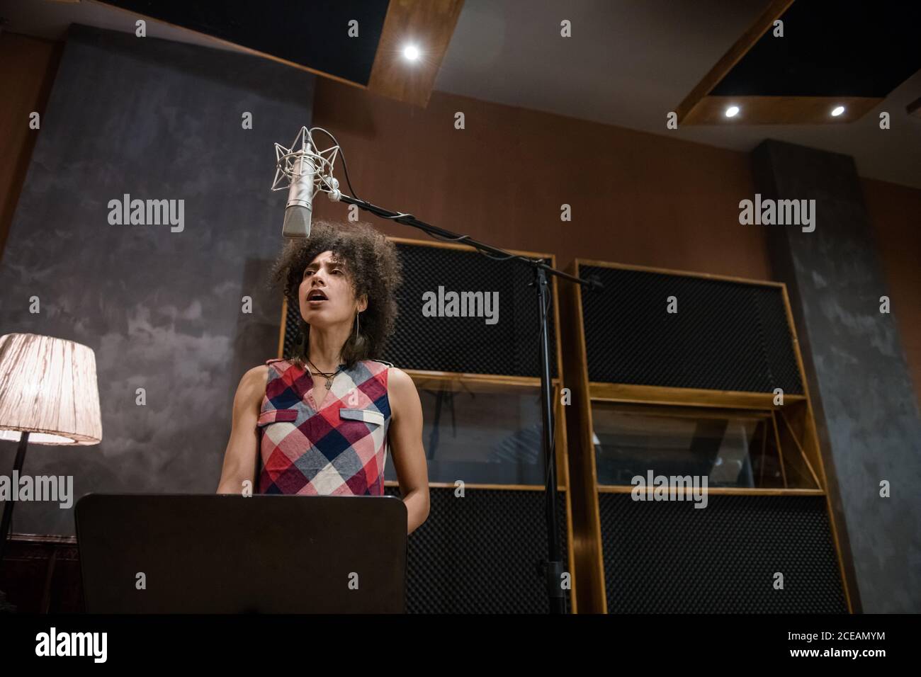 Hübsche Frau im lässigen Outfit singt beim Proben im Aufnahmestudio Lied. Stockfoto