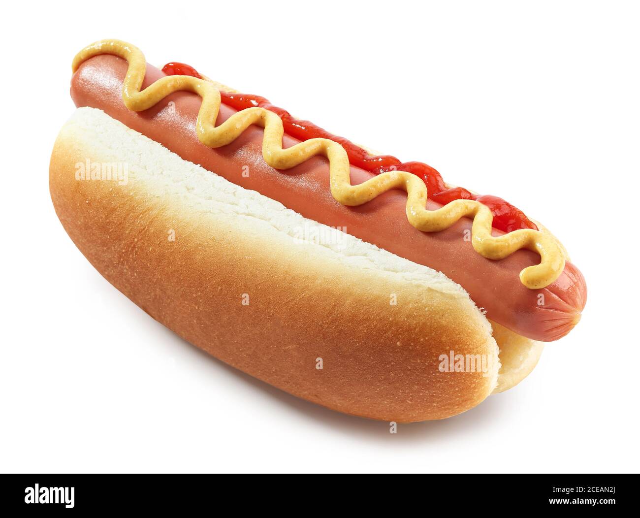 Hot Dog mit Senf und Ketchup isoliert auf weißem Hintergrund Stockfoto