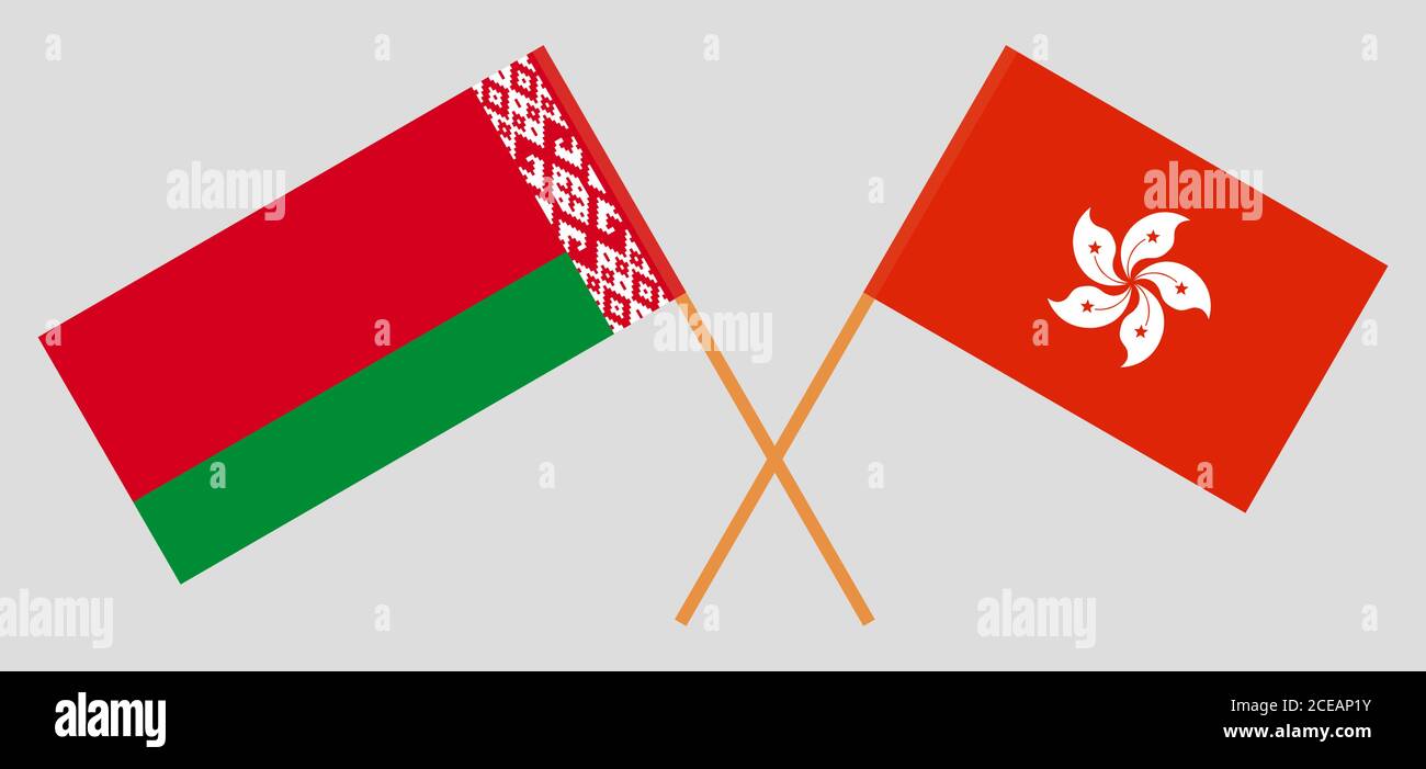 Gekreuzte Flaggen Weißrussland und Hongkong. Offizielle Farben. Korrektes Verhältnis. Vektorgrafik Stock Vektor