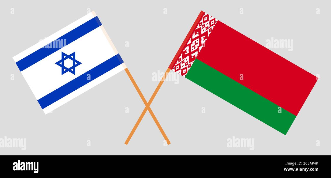 Gekreuzte Fahnen Weißrussland und Israel. Offizielle Farben. Korrektes Verhältnis. Vektorgrafik Stock Vektor