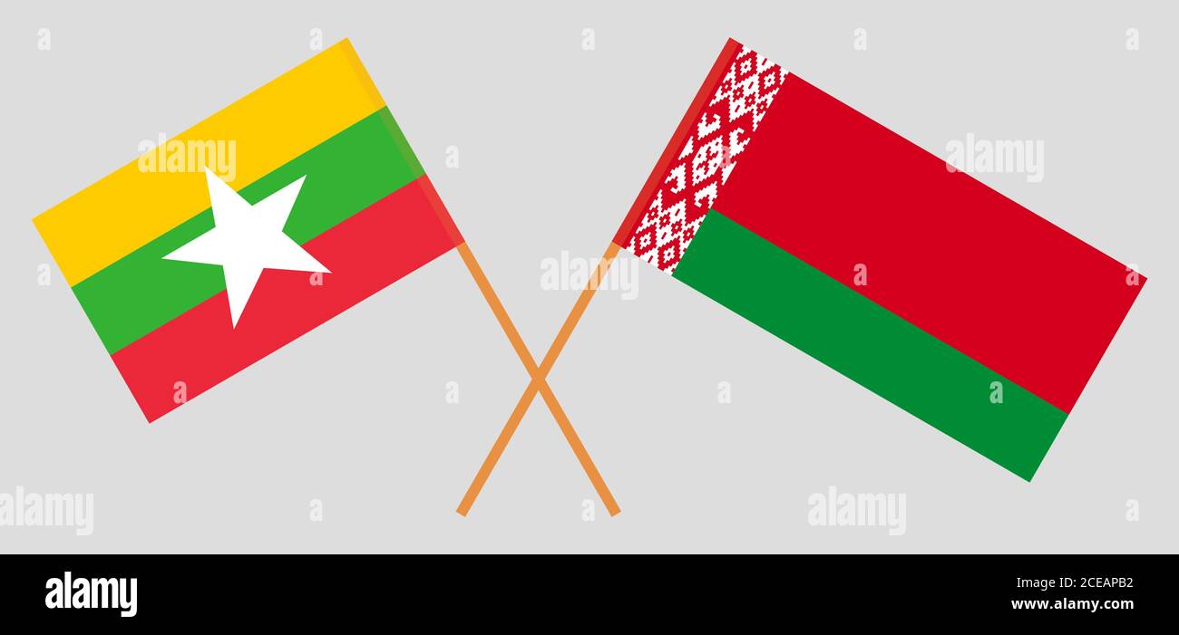 Gekreuzte Flaggen von Belarus und Myanmar. Offizielle Farben. Korrektes Verhältnis. Vektorgrafik Stock Vektor