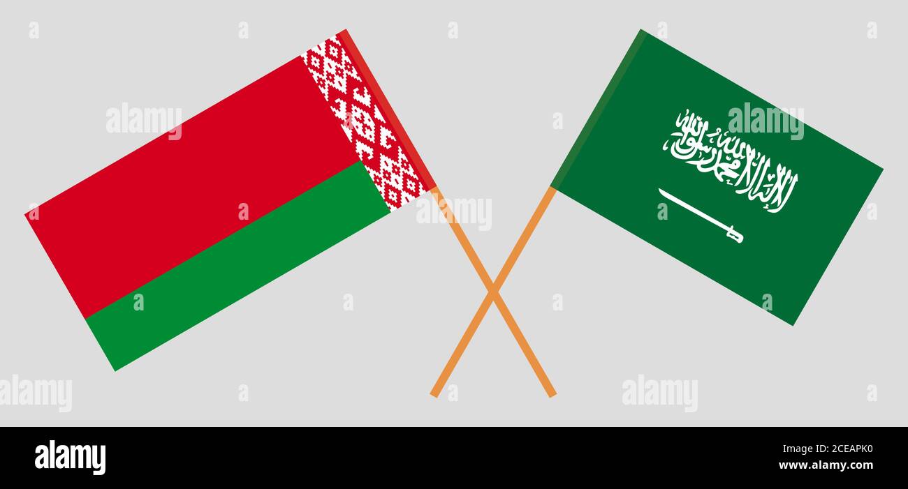 Gekreuzte Flaggen von Belarus und dem Königreich Saudi-Arabien. Offizielle Farben. Korrektes Verhältnis. Vektorgrafik Stock Vektor