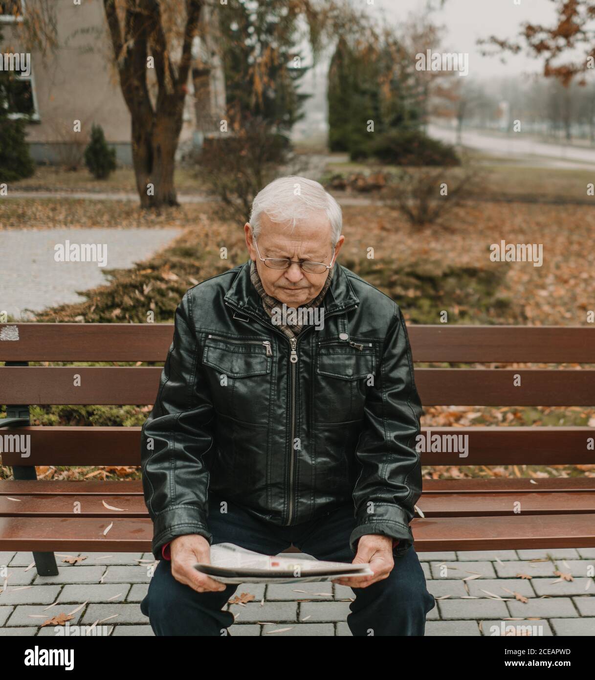 Älterer Mann beim Lesen der Zeitung im Park Stockfoto