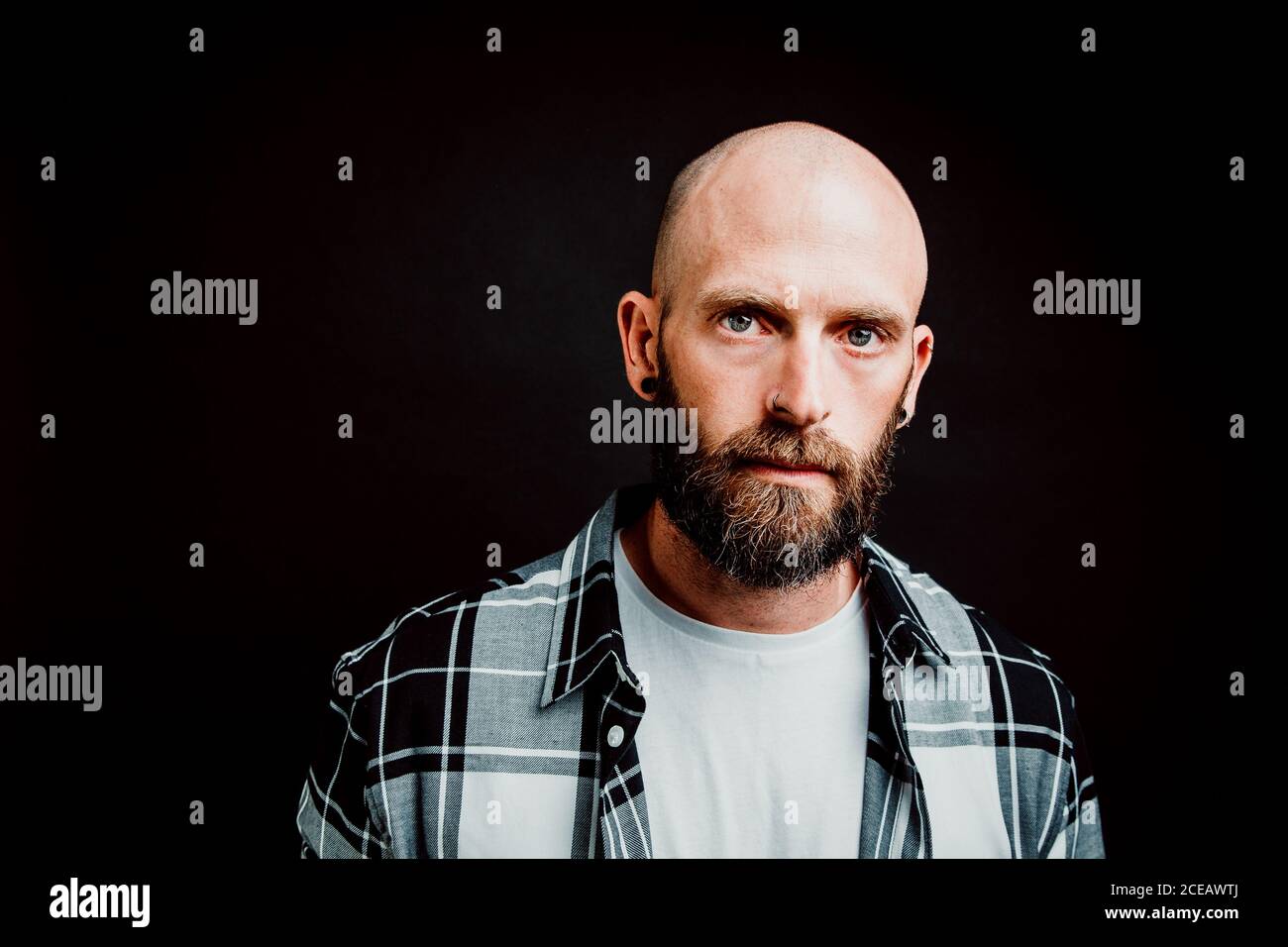 Bärtige haarlose Hipster in shirt Kamera schaut auf schwarzem Hintergrund Stockfoto