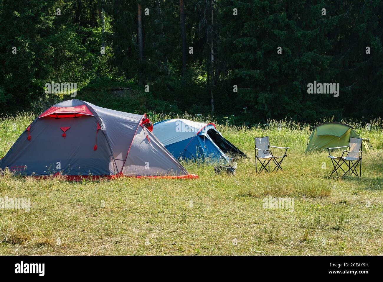 Camping Zelte und Klappstühle im Sommerwald. Stockfoto