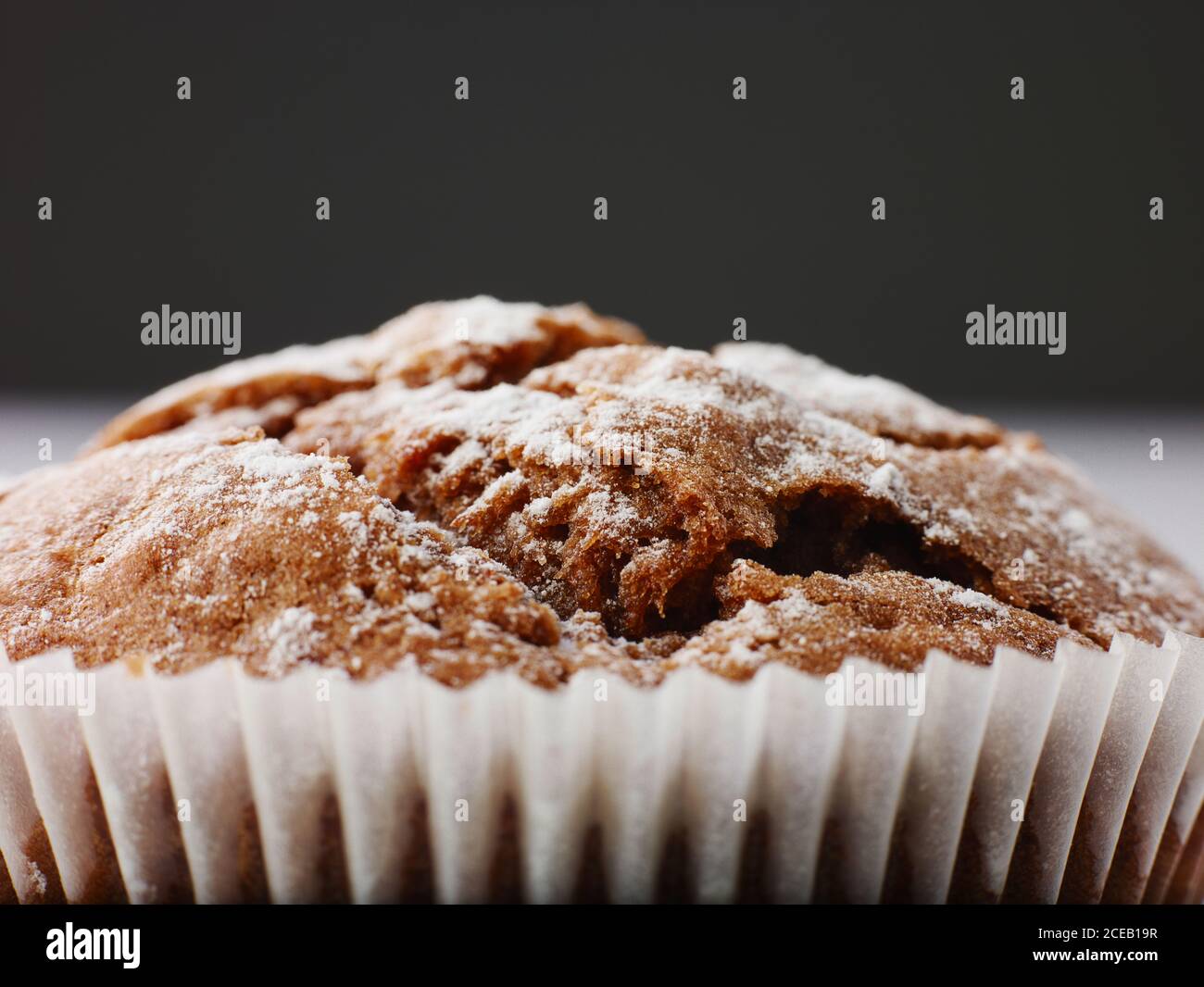 Leckere Schokoladenkuchen-Sauce mit Zuckerpulver in weißer Papierverpackung Isoliert auf grauem Hintergrund im weichen Fokus Stockfoto