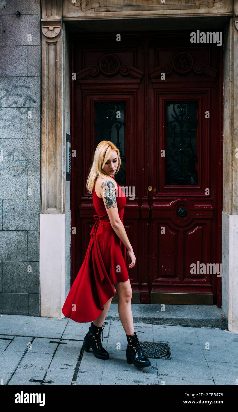 Junge attraktive Frau, die vor dem alten Tor steht Stockfoto