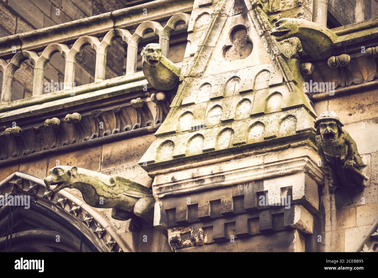 Nahaufnahme der Fassade von Notre Dame de Paris Mit Statuen von fiktiven Kreaturen Stockfoto