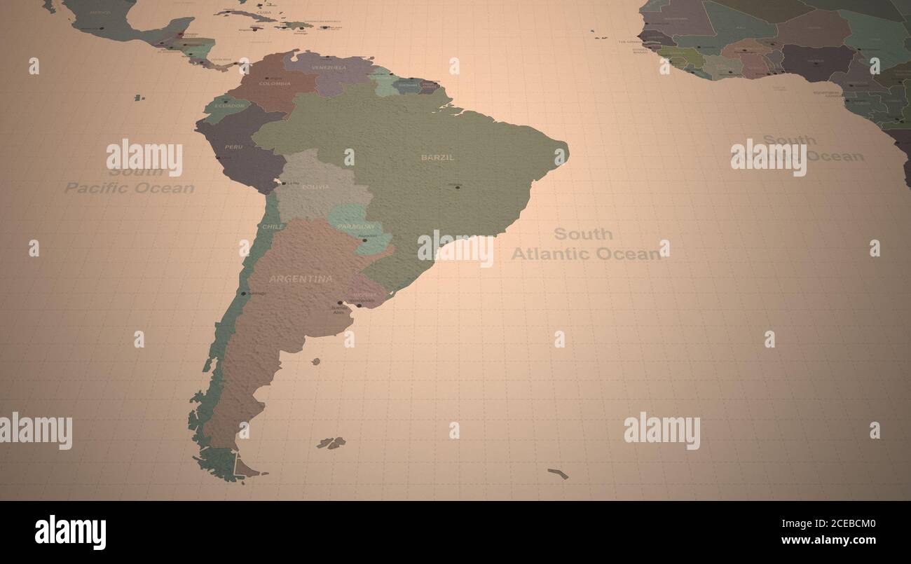 Südamerikanische Karte. Detaillierte kontinentale Weltkarte auf Vintage Paper. Stockfoto