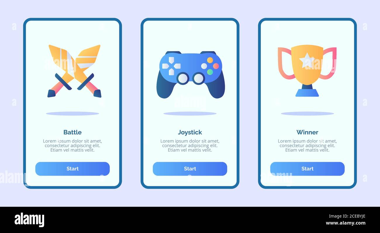 Battle Joystick Gewinner für mobile Apps Vorlage Banner-Seite UI mit drei Variationen modernen flachen Farbstil. Stock Vektor