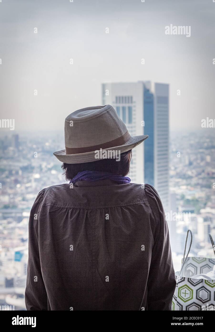 Japan - Mai, 10 2013: Rückansicht der Person in stilvollem Outfit und Hut bewundernde Ansicht der modernen Metropole Stockfoto