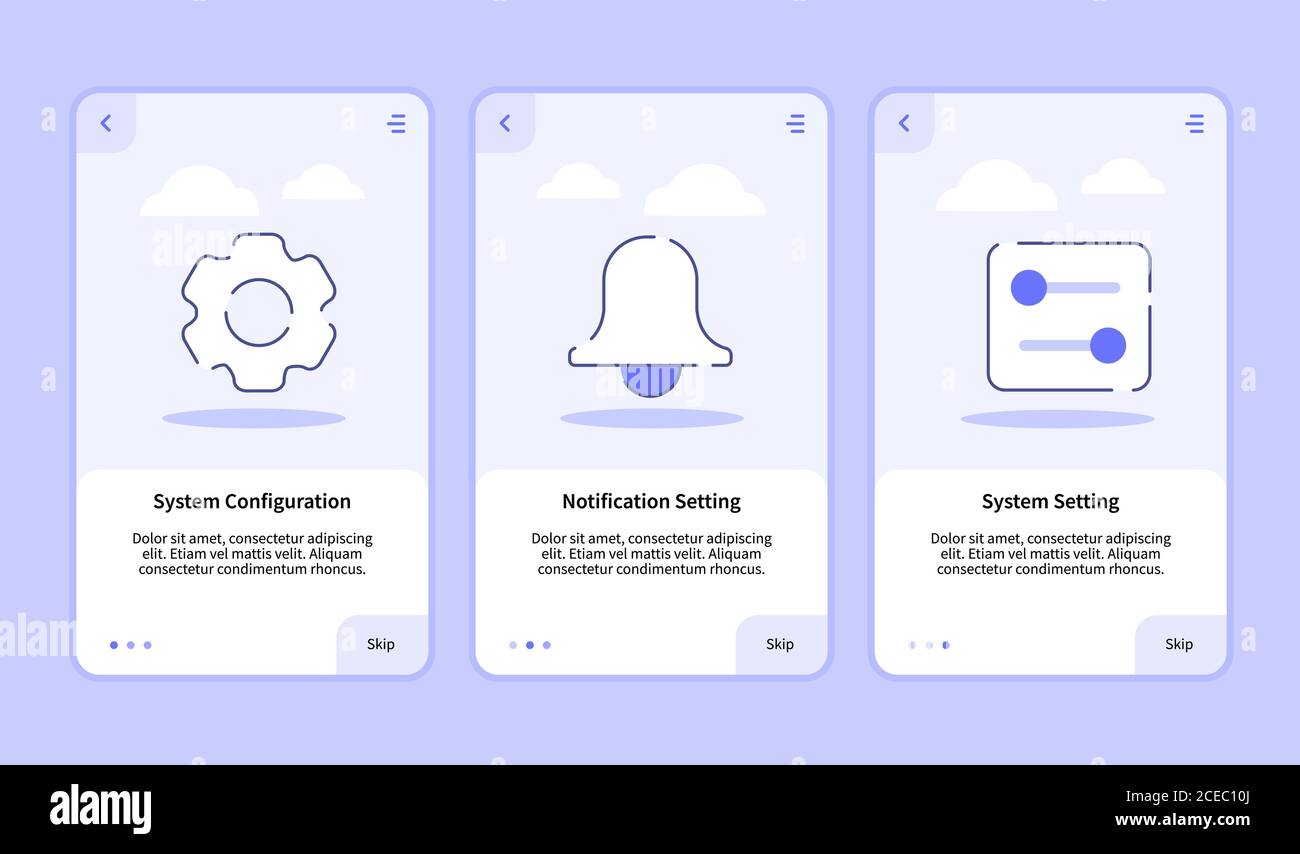 Benachrichtigungseinstellung für Systemkonfiguration Bildschirm für die Systemeinstellung „Onboarding“ für Mobiltelefon Apps Vorlage Bannerseite UI mit drei Variationen modern flach Stock Vektor