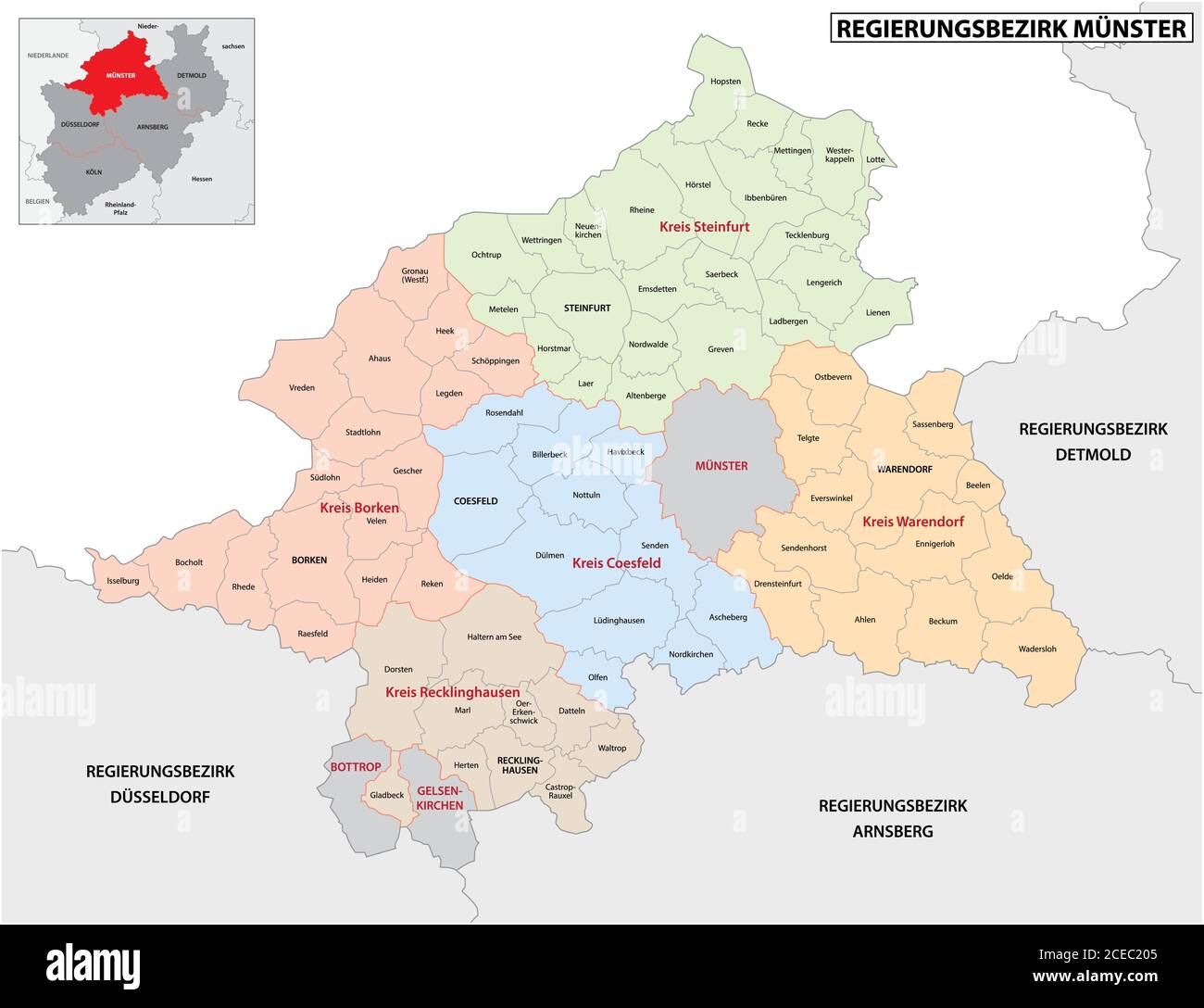 Administrative Vektorkarte der Region Münster in deutscher Sprache, Nordrhein-Westfalen, Deutschland Stock Vektor
