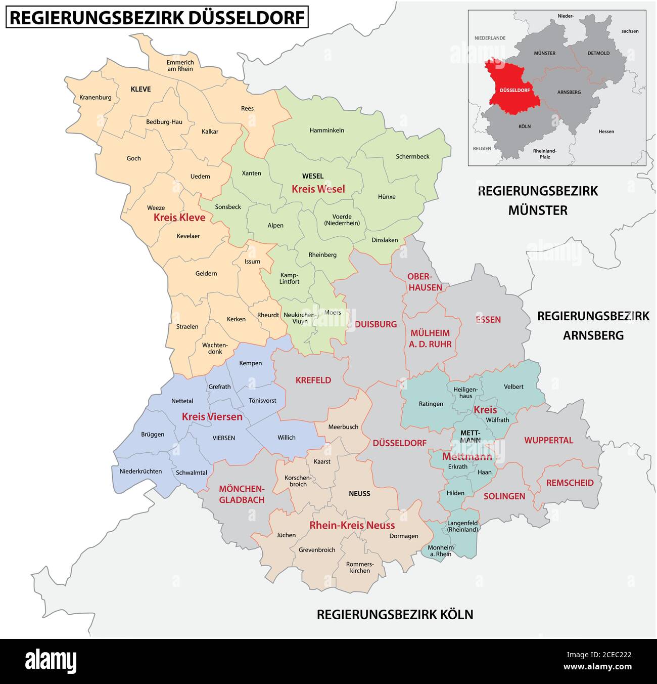 Administrative Vektorkarte der Region Düsseldorf in deutscher Sprache, Nordrhein-Westfalen, Germany.jpg Stock Vektor