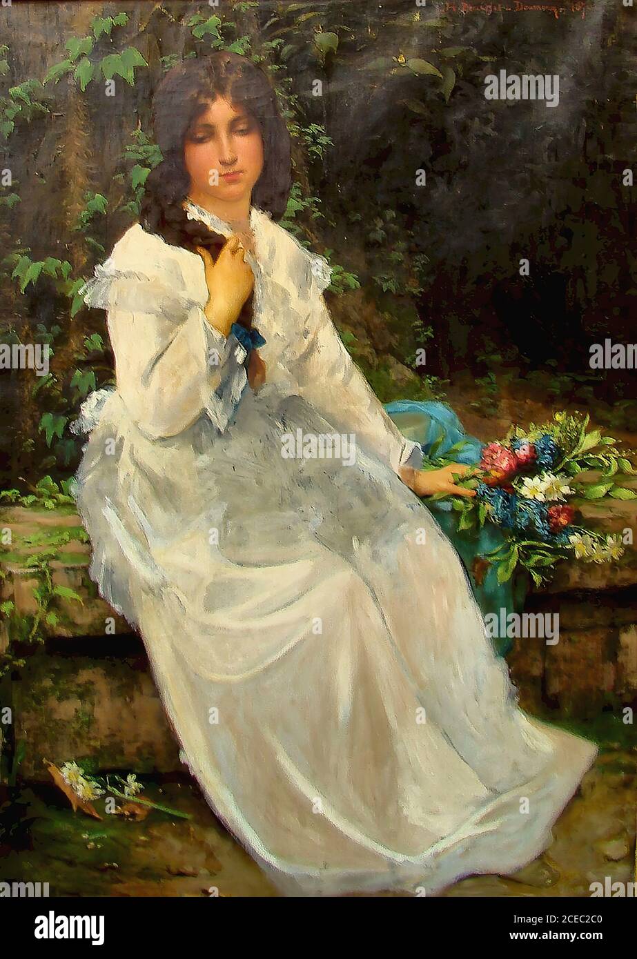 Bouchet-Doumenq Henri - Jeune Femme Réveuse En Robe Blanche Assise Dans UN Jardin 1 - Französische Schule - 19. Jahrhundert Stockfoto