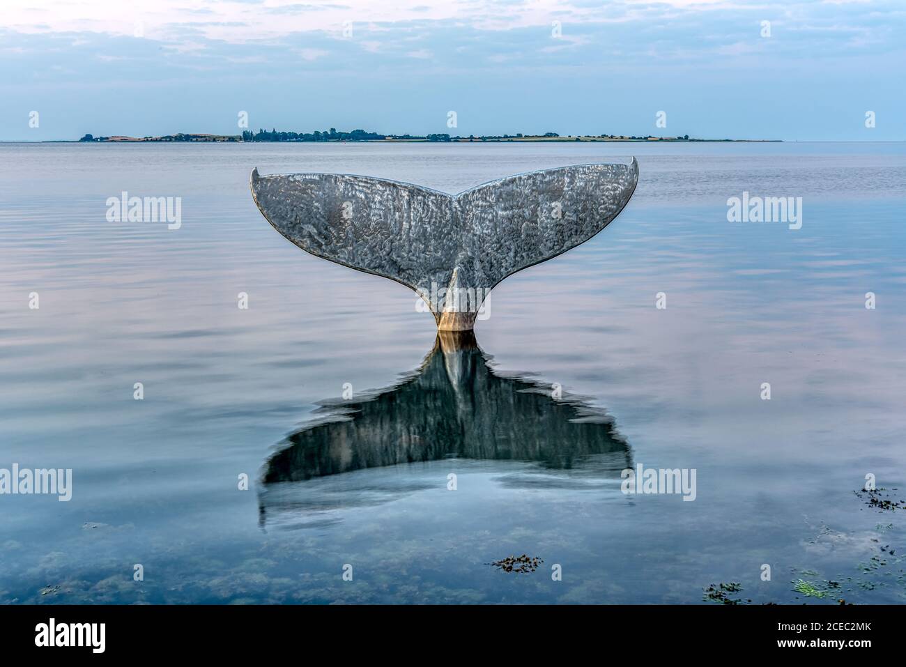 Der Walschwanz, eine Skulptur in Faaborg, die sich im Meerwasser spiegelt und Avernako im Hintergrund, Faaborg, Dänemark, 16. August 2020 Stockfoto
