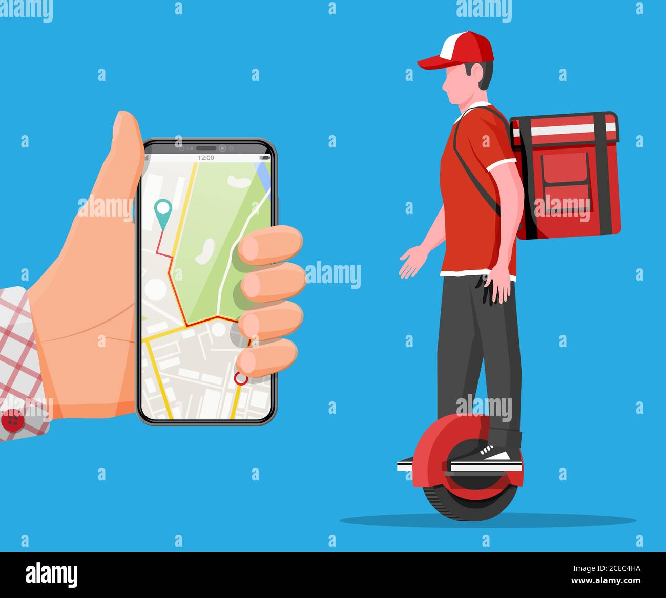 Smartphone mit App und Mann Reiten monowheel mit der Box. Konzept der schnellen Lieferung in der Stadt. Männlicher Kurier mit Paketkasten auf dem Rücken mit Waren und Produkten. Cartoon flache Vektor-Illustration Stock Vektor