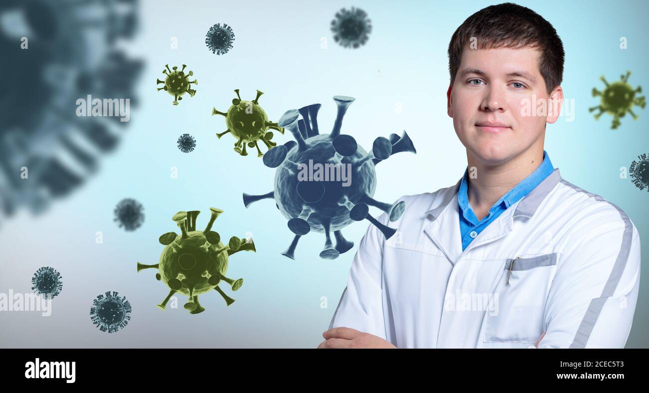 Arzt und Virus auf hellem Hintergrund Stockfoto