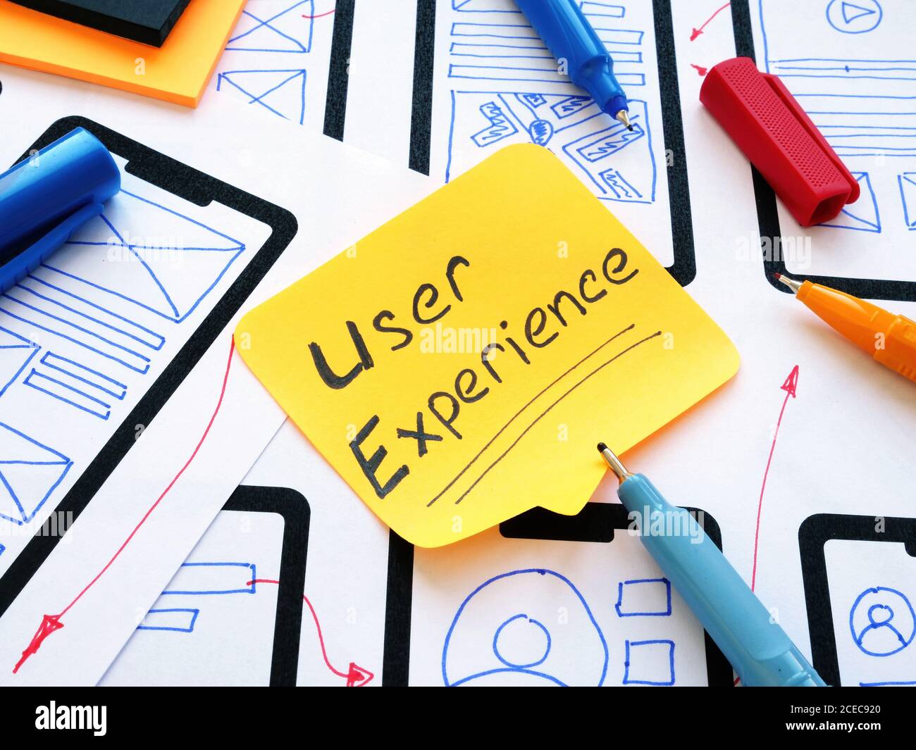 UX User Experience Beschriftung und Skizzen der mobilen Anwendung. Stockfoto