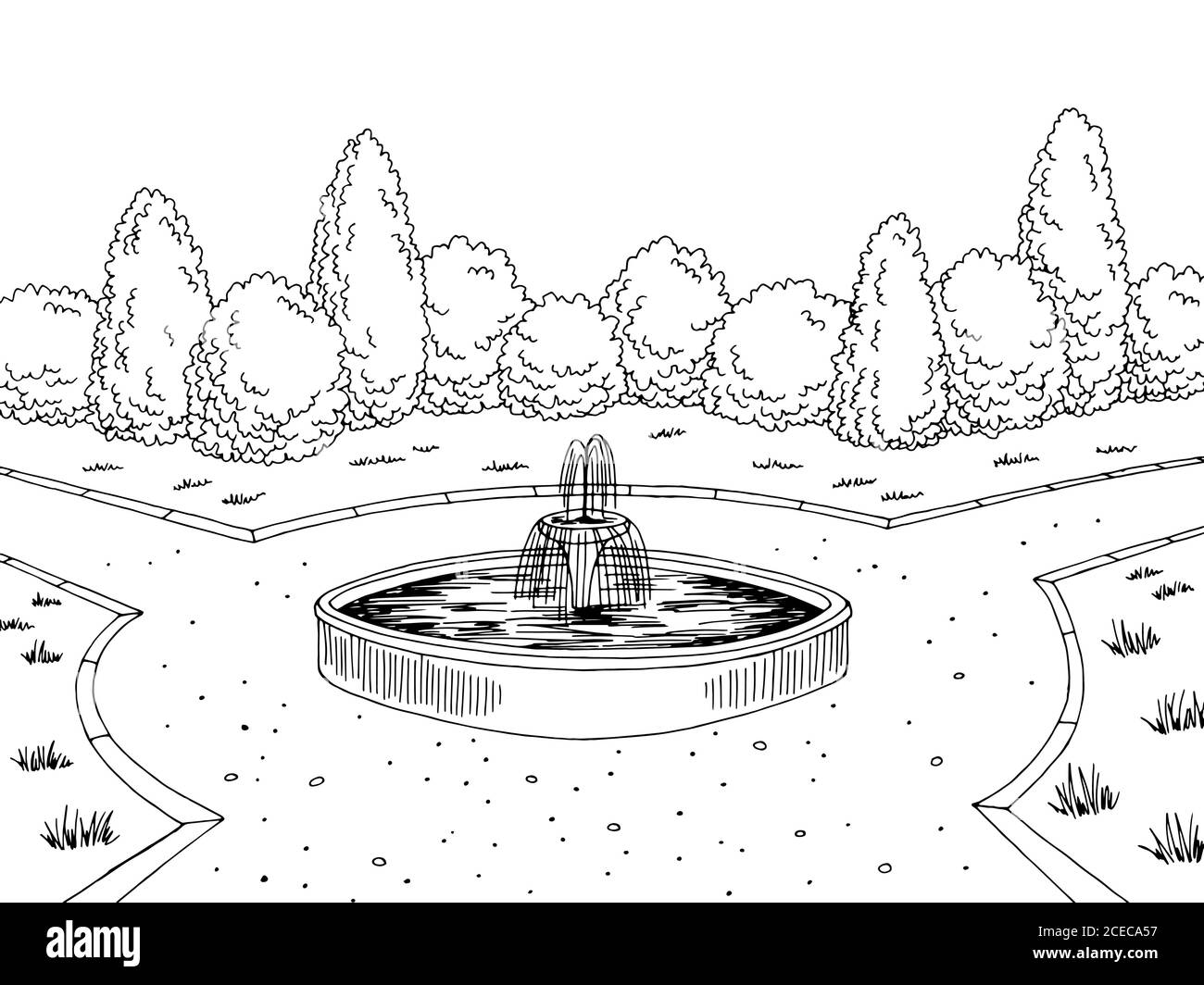 Park Brunnen Grafik schwarz weiß Stadt Landschaft Skizze Illustration Vektor Stock Vektor