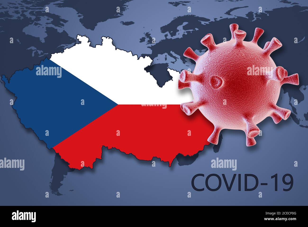 Coronavirus-Zelle und Karte der Tschechischen Republik im Hintergrund der Weltkarte. 3D-Illustration Stockfoto
