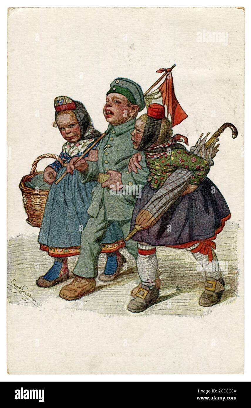 Deutsche historische Postkarte: Kinder als Erwachsene: Der Soldat kehrte aus dem Krieg zurück, der Held geht mit zwei Mädchen. Von Beithan, Emil Deutschland, 1915 Stockfoto