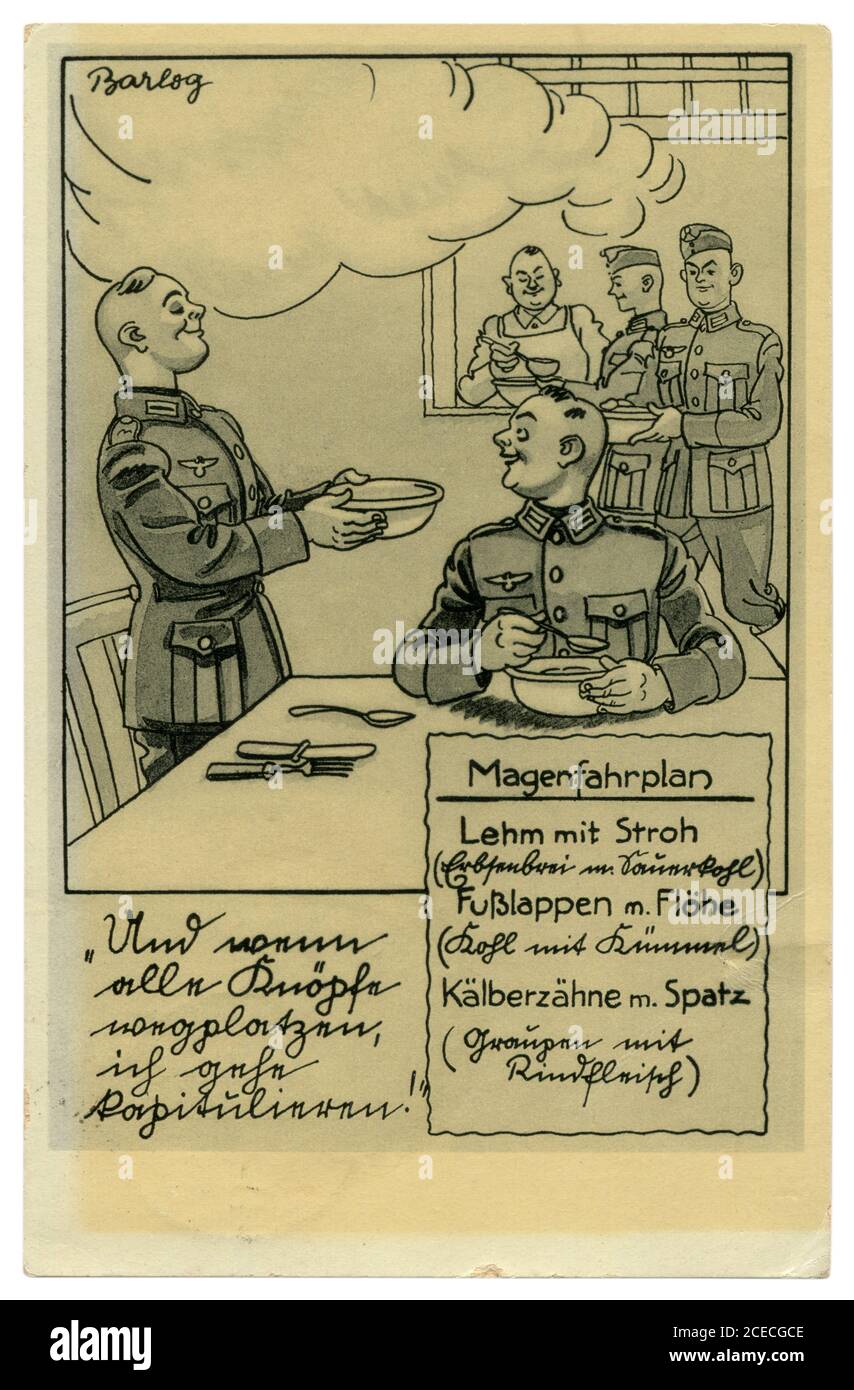 Deutsche historische Postkarte: Magenkalender. Lächelnder Wehrmachtsoldat mit Schale im Speisesaal, satirische Serie, von Barlog, Deutschland, 1939 Stockfoto