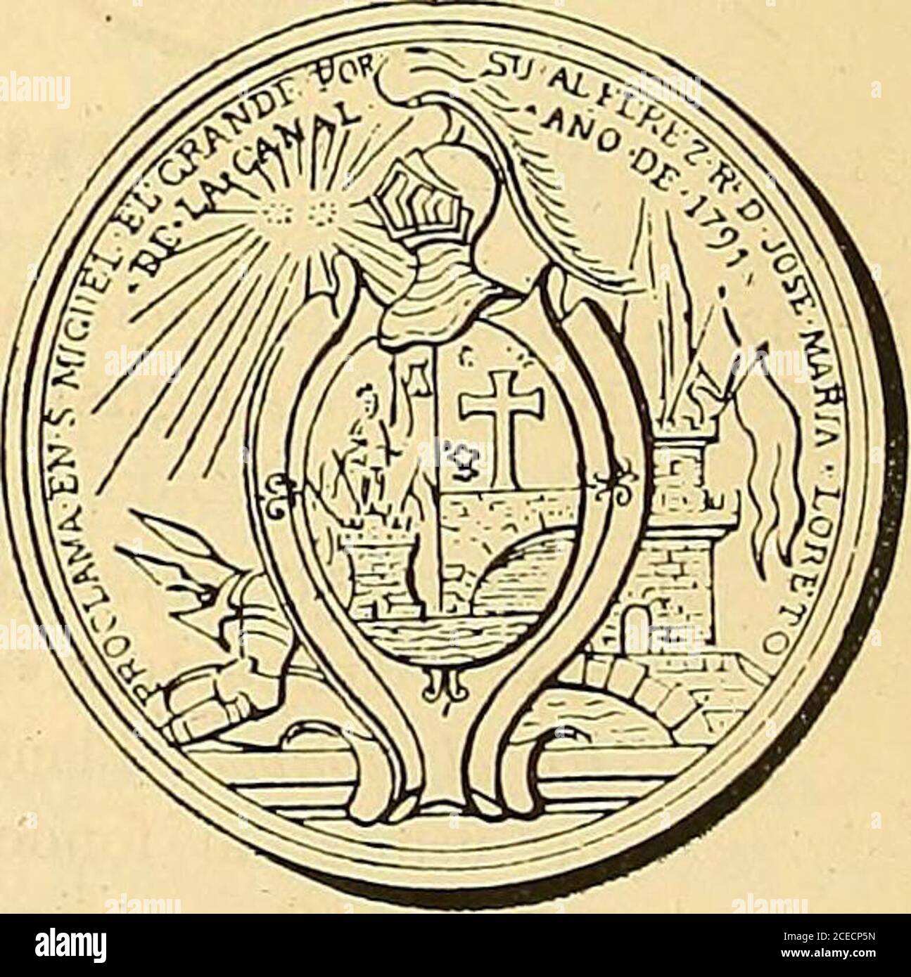 . Monetario americano (ilustrado) clasificado. SAN lIIGUEIi Eli GRANDE N 26 – Anverso Leyenda Carlos • IIII * Rey • de • España •y • Emperador * de las * Ind ? * en el campo: Bustodel rey á la derecha, con banda. Exergo: • G • A • Gil • – 21 – Reverso Leyenda Proclama • en * S * Miguel * elGrande • Por * su * Alférez * R 3 D * José * María? •Loreto * de • la • Canal * Año * de * 1791 * en elcampo: Escudo oval surmontado de yelmo con vicera caída;partido en campo rojo y azul, teniendo aquel un castillo de, tres torres y en la del medio un guerrero de pié con Ban-dera en la mano derecha; las otr Stockfoto