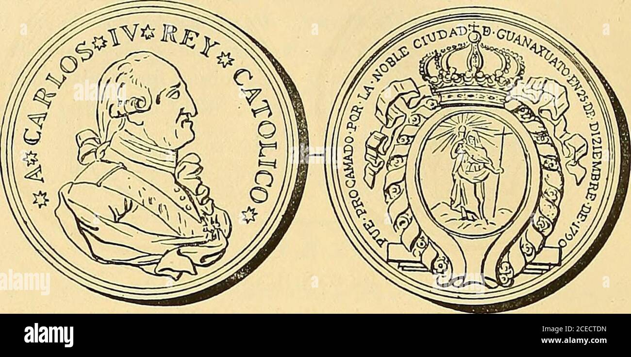 . Monetario americano (ilustrado) clasificado. DUKANGO Nr. 3 – Anverso Leyenda Carol • IV • D • G * Hispan • Rex *Durang * Proclam • en el campo: Cabeza del rey á la de-recha; con el toisón de oro y gran cruz de Carlos III Reverso Leyenda Imperator * Indiarum Novae * Can-tariae 1790. En el campo: Escudo surmontado de coronareal; en el Centro un árbol entre dos lobos que huyen á laizquierda; rodean el escudo dos gajos de palma. Exergo: Gil. Plata dorada: Peso 22 Gramm. 2 Dez. – 10. Nr. GIIAISAJUAT© -Anverso Leyenda • A • Carlos * IV • Rey * Católico * E71 el campo: Busto del rey con banda y tois Stockfoto
