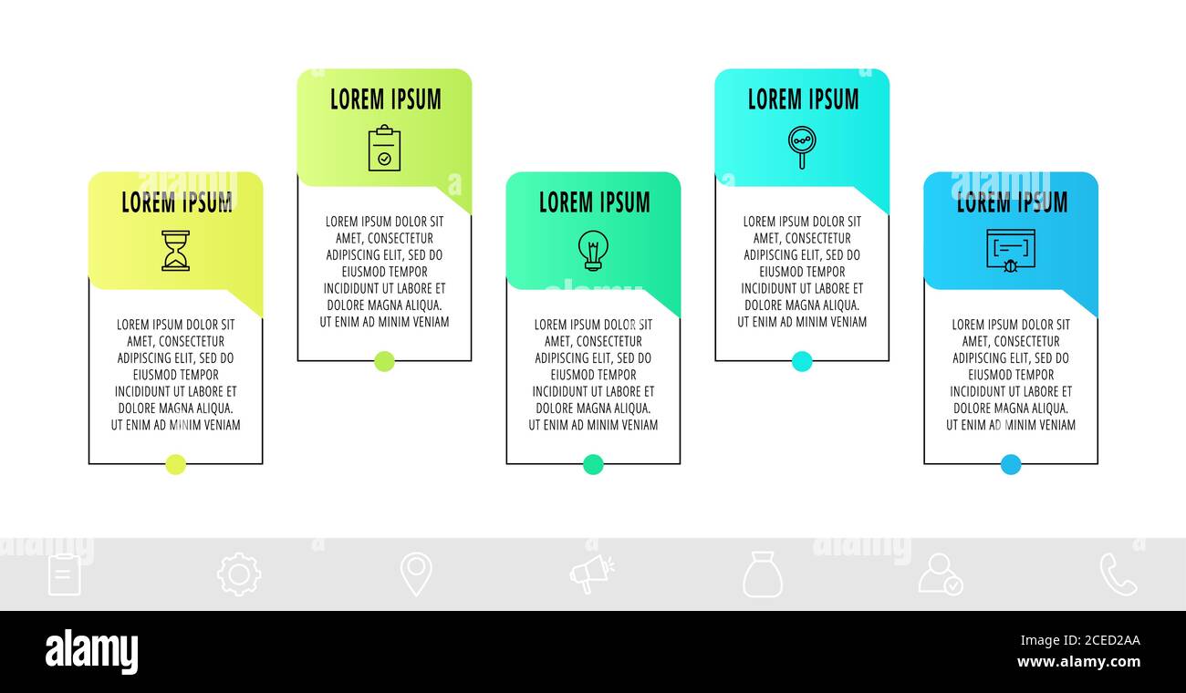 Linienvektor Infografik Design mit fünf Dialogen, Icons. Vorlage für Diagramm, Geschäft, Web, Banner, Workflow-Layout, Präsentationen, Flussdiagramm verwendet Stock Vektor