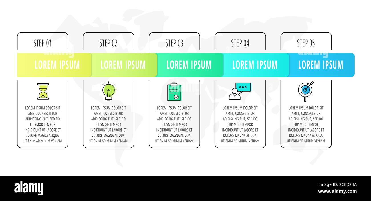 Vektor-Infografik-Design mit 5 Rechtecken mit Etiketten. Flache Vorlage für Diagramm, Web, Workflow-Layout, Präsentationen, Infograf, Zeitleiste Stock Vektor