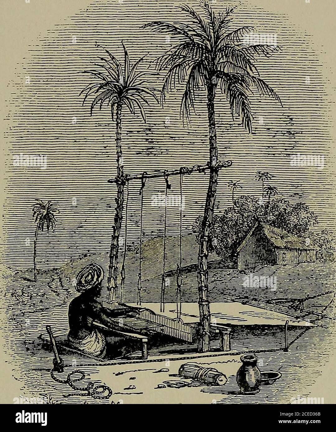 . Die Geschichte der Textilien; Eine Vogelperspektive auf die Geschichte des Anfangs und das Wachstum der Industrie, durch die die Menschheit bekleidet ist. War die Konstruktion des Handrades, in dem die Spindel, in einem Rahmen montiert, horizontal fixiert wurde, und rotiertvon einem Band, das um ein großes Rad im Rahmen-Arbeit gesetzt vorbeigeht. Ein solches Rad wurde aus prähistorischen Zeiten im Osten verwendet, wurde aber nicht in Europa eingeführt, bis über das vierzehnte Jahrhundert. Das früheste Manuskript, das erwähnt das Spinnrad wurde im vierzehnten Jahrhundert geschrieben, und ist im BritishMuseum. Dieses Rad war offenbar eins an Stockfoto