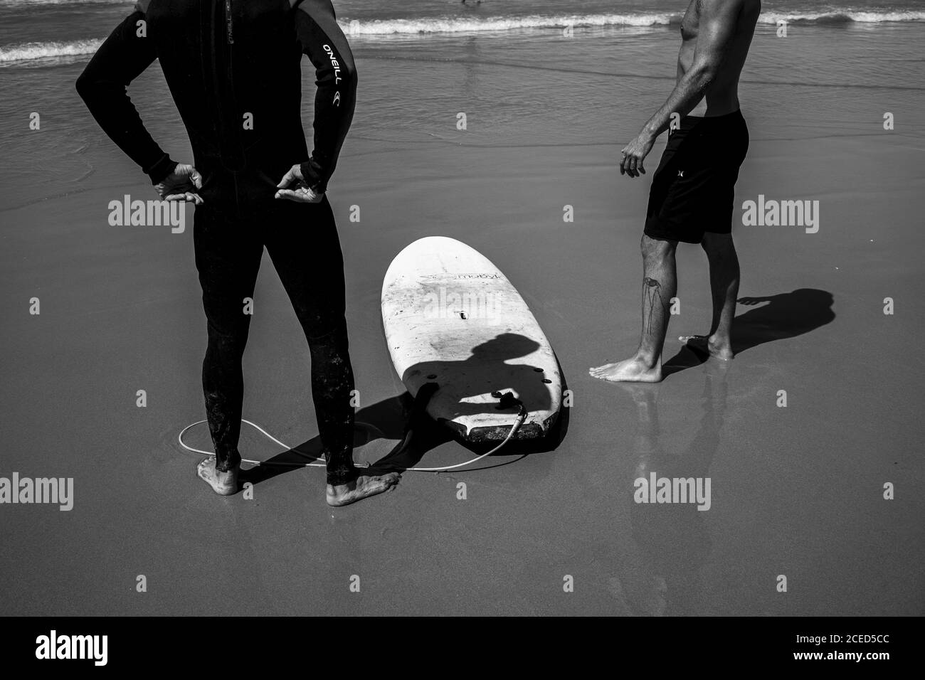 Grauer Schuß von zwei Männchen an einem Sandstrand Mit einem Surfbrett in Cadiz Andalusien Stockfoto