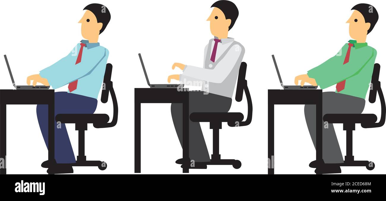 Eine Gruppe von drei Geschäftsleuten, die an ihrem Schreibtisch im Büro arbeiten. Konzept der Teamarbeit oder Corporate Life. Isolierte Vektordarstellung. Stock Vektor