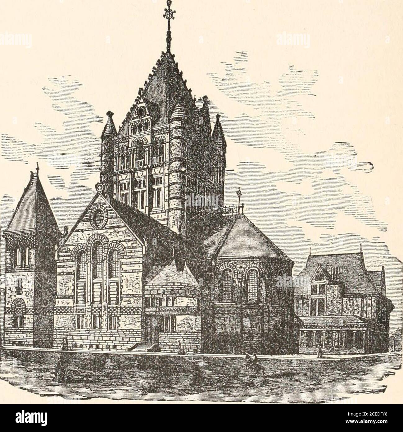 . Ein Gazetteer des Staates Massachusetts : mit zahlreichen Abbildungen. PARK STREET CHURCH, BOSTON. 178 GAZETTEER VON MASSACHUSETTS. FÜR 500,000 DOLLAR. Es gibt wenig mehr Land in seinem Grundstück, als von dem Gebäude besetzt wird, aber es ist mit 320,000 Dollar bewertet. Die Neue Alte SüdKirche, auf dem gleichen Platz, ist eines der auffälligsten Gebäude in der Stadt. Seine Architektur ist norditalienische Gotik, und seine abun-dant Ornament gibt es einen etwas orientalischen Effekt. Der hohe und markante Turm (248 Meter hoch) hat das Aussehen eines leicht vom Hauptgebäude entfernten Gebäudes. Allein das Gebäude wird geschätzt Stockfoto